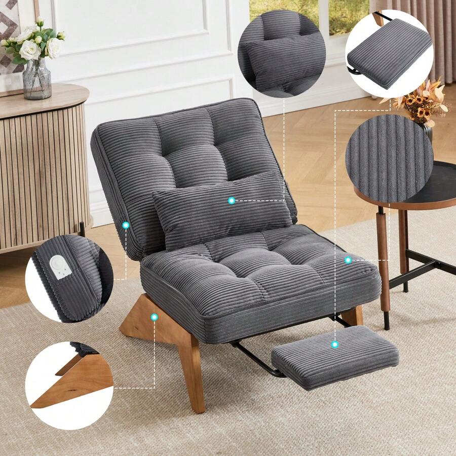 Modern Adjustable Backless Lounge Chair Made Of Fabric With Footrest, Lumbar Cushion And Wooden Legs For Living Room/Bedroom/Study - 深灰色+燈芯絨 - 查看 1