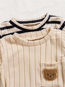 4pcs Baby Boy Autumn/Winter Set, Solid Color, Ribbed Contrast, Fleece Ribbed, Bear Embroidery, Chest Pocket, Casual Sports Collegiate Outfit, Suitable For Outdoor And Indoor Wear