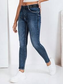 Hochgeschnittene, schmal geschnittene Damenjeans mit Hüftlift – elastische, schmale Passform, klassisches Fünf-Taschen-Design, bequem und vielseitig, geeignet für lässige und elegante Alltagslooks. - marineblau - Übersicht 1