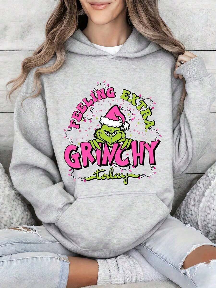 Winter Clothes For WomenChristmas Holiday Hoodie With Feeling Extra Grinchy Today Print - Festive Green Character Design, Perfect For Christmas Season, Ideal Gift For FansLoose And Comfortablechristmas Outfit Women Thanksgiving - 灰色 - 查看 1
