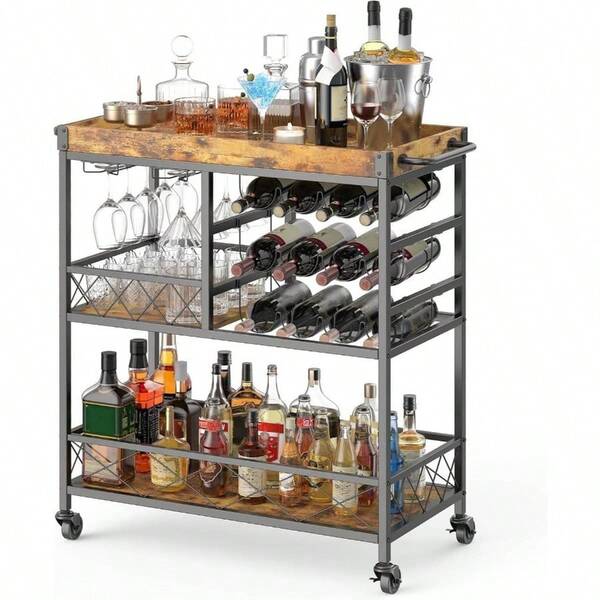 Bar Cart With Wheels, Serving Trolley With Removable Tray Wine Rack, Rolling Kitchen Shelf Home, Dining Room Or Bar Use, Retro Style