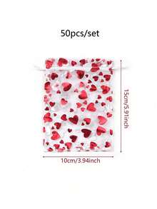 50 piezas Bolsas de malla con forma de corazón para el Día de San Valentín con cordón - Perfectas para joyería, cosméticos y obsequios del Día de San Valentín - Rojo - Ver 3