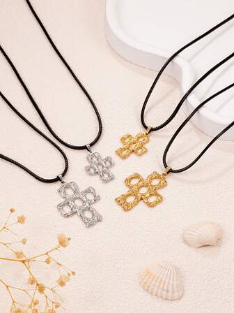 Handmade Wax Rope Necklace With Stainless Steel Cross Pendant, Adjustable Length Necklace, Suitable For Couples, Autumn/Winter