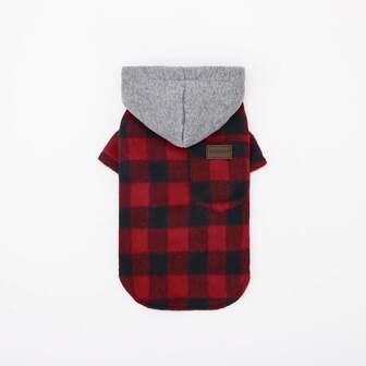 1pc Pet Dog Jacket, Plaid Hooded Contrast Color Coat, Suitable For Small/Medium Dogs & Cats In Cold Weather, Christmas Gift