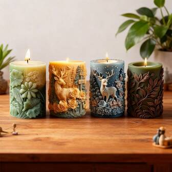 1pc Deer, Plant, Floral, Leaf Pattern Cylindrical Candle Craft Silicone Mold