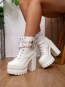 2026秋冬新款女士踝靴，时尚百搭，搭扣设计，英伦风，粗跟，防水厚底高跟，女鞋 - 白色 - 查看 3