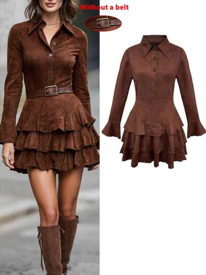 elfnokto Vestido camisero de manga larga con volantes en el bajo, de color liso y en ante para mujer