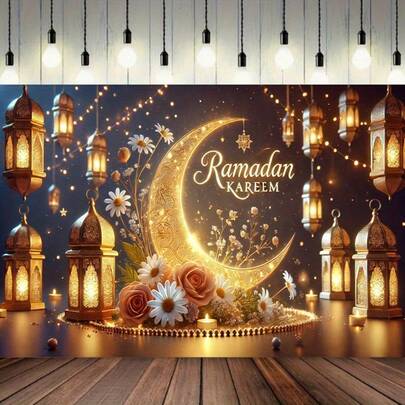 2D平面横幅 1件装 优雅斋月派对横幅 - 涤纶材质，新月和灯笼设计，非常适合开斋节庆祝活动、穆斯林装饰和节日聚会 | 开斋节主题横幅 | 高品质涤纶材质，斋月装饰