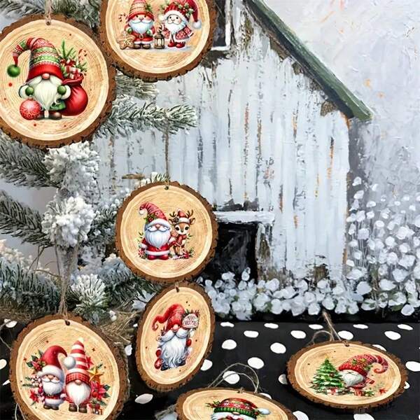 24Pcs Wooden Christmas Tree Ornaments Rustic Style Christmas Gnome Print Hanging Decorations For Home Holiday Party