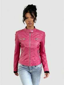 PU Leather Jacket Leather Jacket Jackets For Women Jackets Jackets For Women Winter Clothes For Women Women's Autumn Fashionable Black PU Slim-Fit Coat, Drooping Shoulder Design, PU Short-Style Leather Coat With Zipper, Suitable For Daily Wear. - 8825玫紅色 - 查看 1