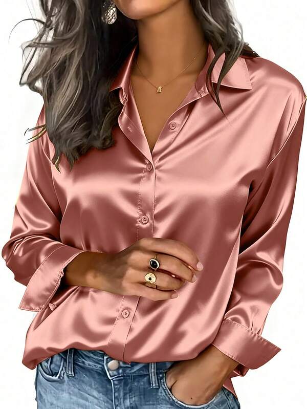 Women's Satin Shirt, Business Casual Button-Down Blouse With Notch Lapel, Elegant Office & Lounge Top For Fall Winter Spring