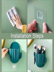 Estante de almacenamiento montado en la pared con forma de cactus para cepillos de dientes, peines y brochas de maquillaje - Adhesivo, sin marcas, de plástico duradero, caja de almacenamiento montada en la pared sin perforación con soporte para teléfono, tubo de almacenamiento para cepillo de dientes, peine, brochas de maquillaje y control remoto. Artículos de baño higiénicos y ahorradores de espacio - Multicolor - Ver 3