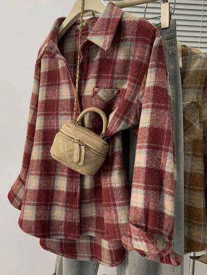 女式拉绒格子前扣口袋衬衫，日常休闲装