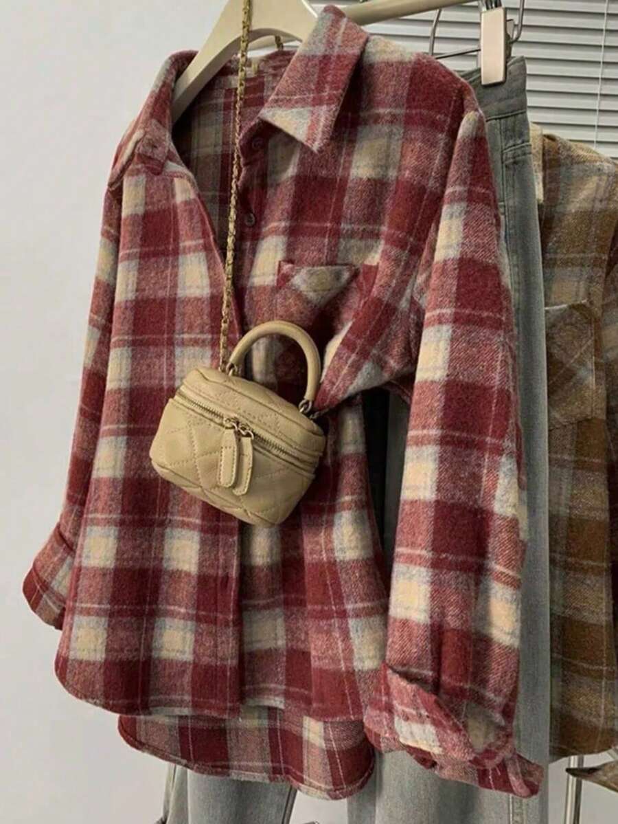 女式拉绒格子前扣口袋衬衫，日常休闲装 - 紅色 - 查看 1