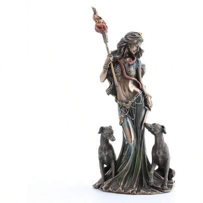 13 3/8 Inch Hecate Greek Goddess Of Magic With Her Hounds Cold Cast Resin Sculpture Bronze Finish