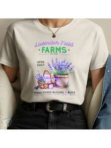 Lavender Field T-Shirt | Artistic Print With Flowers And Countryside Scent - 香檳色 - 查看 2
