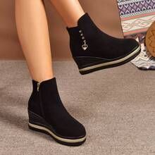 Botines de plataforma de estilo vintage con cuña, cómodos y elásticos, para mujer de talla grande, para otoño/invierno - Negro - Ver 3