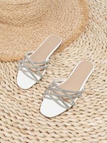 Girls' Diamond Criss-Cross Design Elegant Shiny Princess Everyday Wear Fashionable Lightweight Luxury Flat Sandals - White - View 3