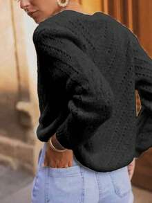 Áo khoác cardigan dài tay màu trơn mới, chất liệu dệt kim, thích hợp cho mùa thu/đông, màu đen. - màu đen - Xem 2