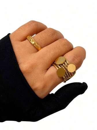 1 pieza Anillo de mujer versátil, impermeable, minimalista, de acero inoxidable con disco redondo multicapa, de 18K oro