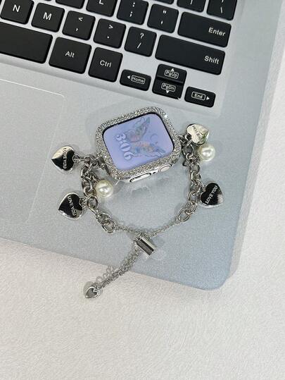 1pc AppleWatch Band AppleWatch Strap Women's Silver Luxury Pearl Heart Shape, Compatible With AppleWatch 38/40/41/42/44/45/46/49 Mm, Compatible With AppleWatch Ultra/SE/Series 10/9/8/7/6/5/4/3/2/1, Personalized Daily Retractable Drawstring Design, Can Be Used As Daily Use Or Birthday Gift