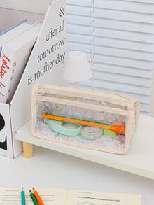 Estojo de lápis grande e transparente, com estampa xadrez elegante, estampa de desenho animado fofa, estojo para canetas com estampa floral feminina, estojo para lápis de duas camadas, estojo infantil adorável para guardar canetas, régua, borracha, fita adesiva e corretivo. Organizador de material escolar prático. - Multicolorido - Ver 4