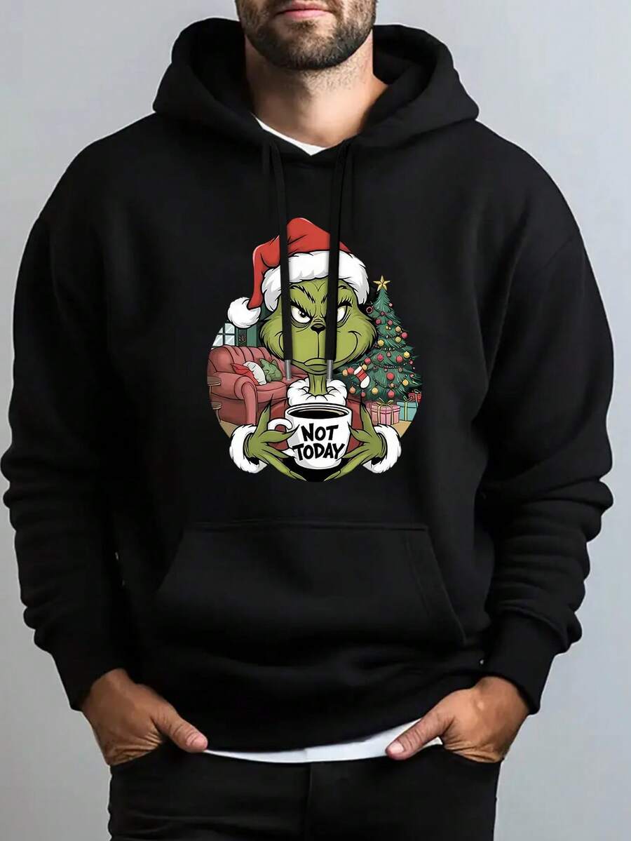 Nuevo suéter con capucha masculina con patrón navideño sudadera de moda con capucha casual otoño - invierno abrigo masculino - Negro - Ver 1