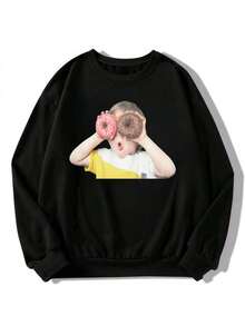 Y2k, 320g Casual Lazy Style Women's Fall/Winter Fashion Loose Round Neck Long Sleeve Sweatshirt, Cartoon Character Pattern Print, Soft Fabric, Unisex One-Piece Wear Outside Funny Pullover Top - Black [Women's Winter Clothing/Sweatshirts] - View 3