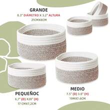 Juego de cestas de almacenamiento redondo de 3 piezas,canastas tejidas de cuerda de algodón natural para organizar Cesta pequeña para Montessori,guardería de bebé,Cesta de juguetes para perros y gatos - Borde blanco - Ver 6