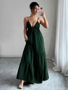 LilyHouse Women's Long Dress, Elegant & Fashionable, Beach Vacation Style, V-Neck Spaghetti Strap Flowy Dress Design, Suitable For Daily Dates, Beach Vacation, Festivals, Weddings, Elegant Parties, Graduations, Valentine's Day Outfit - Green - View 6
