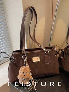 1pc FEISTURE Vintage PU Leather Large Capacity Underarm Bag, Bowling Style Commuter Bag For Women, Get A Free Pendant With Store Follow, Suitable For Daily Outing, Dating, Commuting - Coffee - View 2