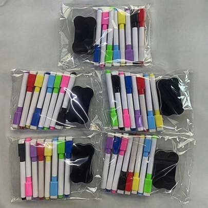 9pcs/Set 8 Colors Dry Erase Markers With Erasers - Suitable For Office, Fridge, Calendar