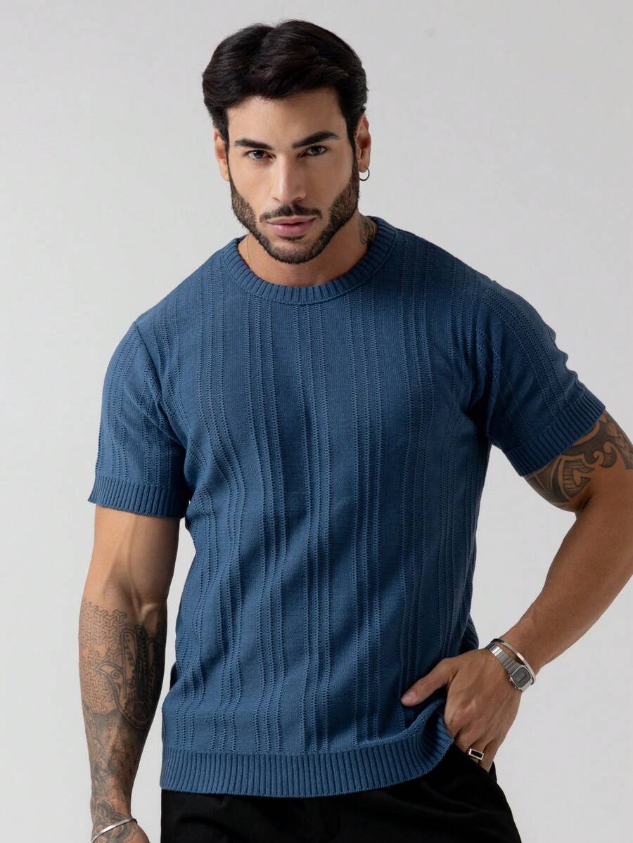 TRICOT DE LUXO Men's T-Shirt/Knit Sweater With Embossed Details, Chic, Lightweight, Textured, High Quality, Spring, Summer, Autumn - 霧霾藍 - 查看 1