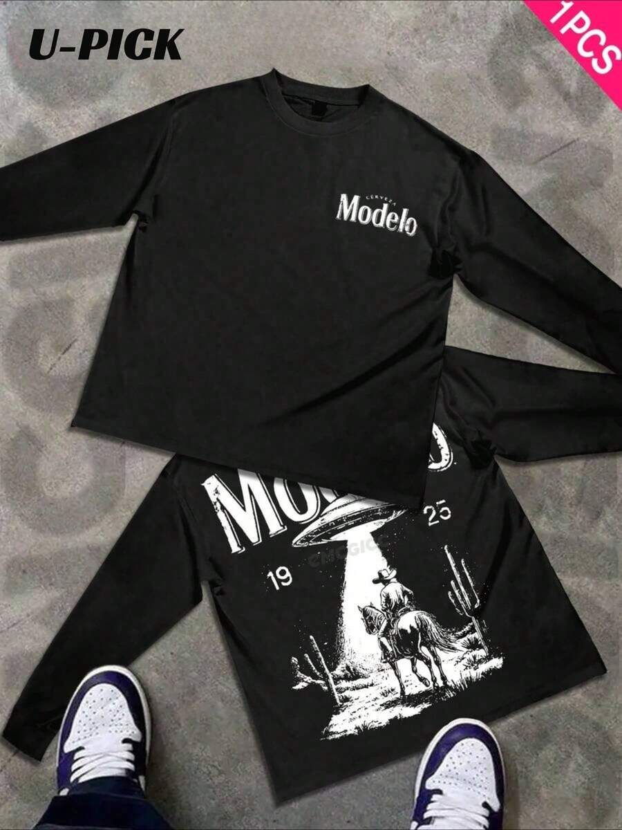 U-PICK Modelo Cerveza  | UFO Western Cowboy  Alien Graphic Tee Casual Top, Men's Casual Long-Sleeved T-Shirt, Made Of 100% Cotton, Slightly Stretchy, Soft And Comfortable, It Is An Everyday Must-Have Item For Home, Outdoor And Gym, And Also A Great Gift - màu đen - Xem 1