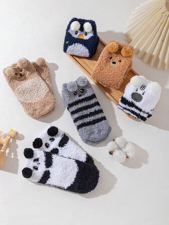 5 Pairs Kids Bear Print Coral Fleece Socks, Cute Warm Socks For Boys And Girls Aged 3-16, Autumn/Winter, Great For Gifts