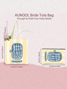 1PC Women's Reusable Tote Bag, Handbag And Cosmetic Bag Set - Colorful Minimalist Pink And Green Striped Sardines Can Print Polyester Shopping Bag, Fixed Shoulder Strap Design, Suitable For Beach, Picnic, Grocery And Food Storage, Foldable Tote Bag, Multi-Function, Multi-Purpose, Large Capacity, - Multicolor - View 7