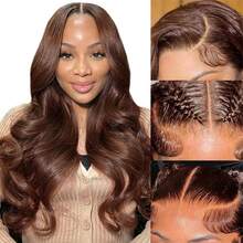 ZHENDEFA 巧克力棕色水波纹隐形蕾丝前假发，360度全蕾丝前假发，预拔毛高清透明蕾丝前假发，抽绳免胶假发