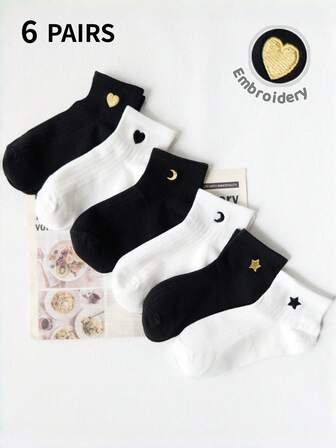 6 Pairs Women's Embroidered Pattern Ankle Socks, Casual Sports Socks, Cute College Style, Suitable For Women And Girls. Fashionable, Casual, Comfortable, Breathable, Suitable For Daily Wear, Spring, Summer, Autumn, Outdoor Sports, Back To School Season, School Socks