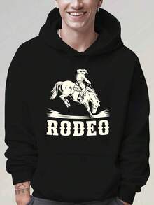 Sudadera de mezclilla de forro polar cómoda para hombres - Sudadera con estampado de mezclilla roja y letras 'RODEO', sudadera de manga larga cálida para otoño e invierno, top con capucha de estilo occidental casual, ropa casual de invierno | Suéter Casual de Punto | Tela de textura suave - Negro - Ver 12