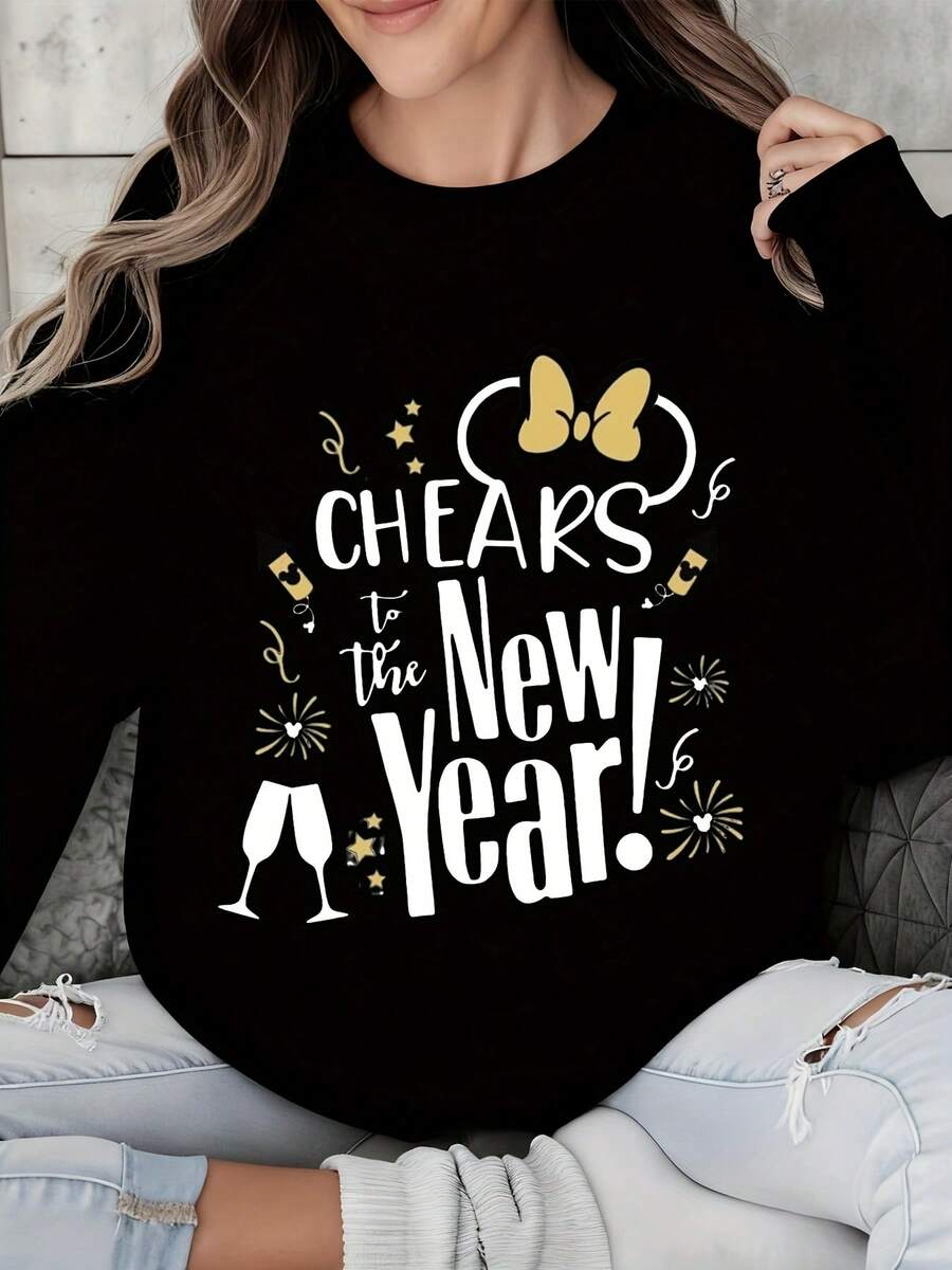 Plus Size Crewneck Sweatshirt Gray Cheers To The New Year Minnie Mouse Bow Champagne Glasses And Stars Print New Years Eve Party Wear - 黑色 - 查看 1