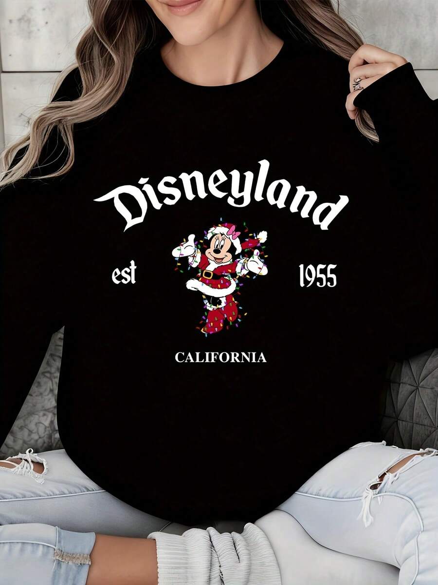 Plus Size Disneyland Christmas Minnie Sweatshirt Gray Print California 1955 Est Holiday Casual Wear For Women Unisex Streetwear Cozy Sweater Top - 黑色 - 查看 1