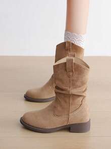 女士套穿式中筒靴，西部风格靴子，简约秋冬靴，褶皱粗跟中筒靴，牛仔靴 - 杏色 - 查看 3