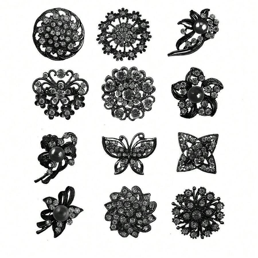 12pcs Lot Crystal Rhinestone Wedding Brooches Pins Bouquet Flowers{"Color_name":"Grayblack"} - xám đen - Xem 1
