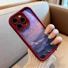 Cubierta de teléfono con borde protector negro diseño de paisaje espacial con montañas y planeta en tonos púrpura y rosa para uso diario y estilo moderno - Burdeos - Ver 6