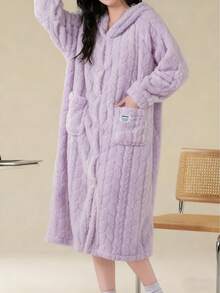 Casual Solid Color Wool Jacquard Robe, Autumn/Winter Warm Thermal Lined Long Sleeve Flannel Plush Button Up Hooded Loose Robe/Bathrobe With Pockets, Women Sleepwear - 淡紫色 - 查看 3