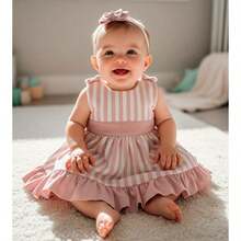 Comfortable Baby Girl Tank Top Summer Kids Striped Green/Rose Suedine Knit 100% Cotton - 粉紅色條紋 - 查看 2