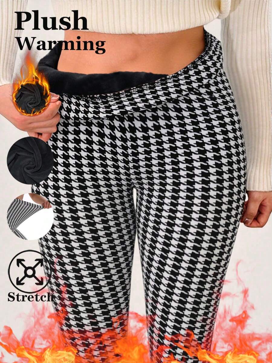 Colanți pentru femei, cu căptușeală termică, alb-negru, la modă europeană și americană, casual, minimalist, elegant, cu elasticitate ridicată, călduroși, strâmți, cu imprimeu Houndstooth, potriviți pentru acasă, antrenament, yoga, fitness, plimbări în aer liber, petrecere, cadou, toamnă/iarnă - alb - Vizualizare 1