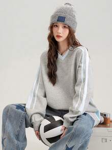 Stylish Patchwork Striped V-Neck Sweatshirt For Women, Casual Loose Pullover Top For Commuting, Autumn - 939 Gray and Blue - View 3