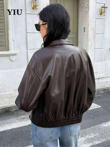 YIU Women Fashionable Brown PU Leather Jacket Long Sleeve Shirt Collar Drop Shoulder Regular Fit Non-Stretch Outerwear Women's Spring Coat Clothes For New Year - Coffee Brown - View 6