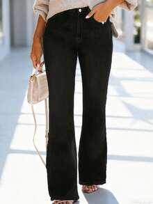 Plus Size Basic Simple Black Flared Jeans, Slim Fit For Commuting All Year Round - Black - View 2